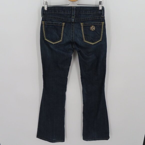 Bebe Womens 27 Gold Silver Thread Embroidered Dark Blue Denim Jeans Flare Y2K - Picture 4 of 13